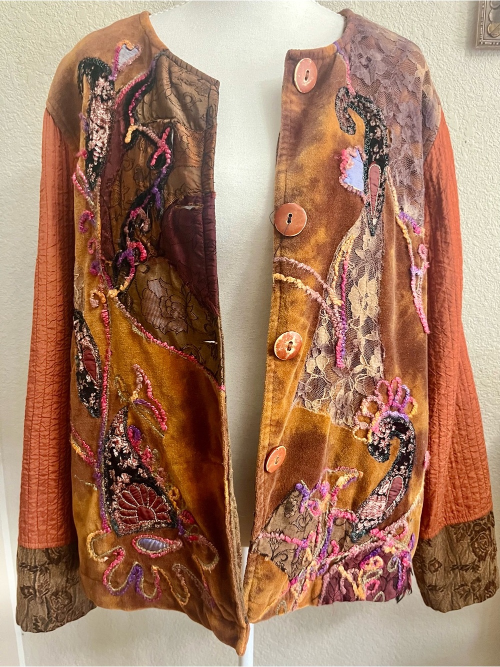 Notations Rust Multi Velvet Embroidered Open Cardigan Jacket